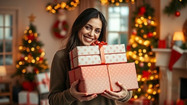 £100 budget Christmas gifts wrapped, held by a smiling woman indoors, festive.