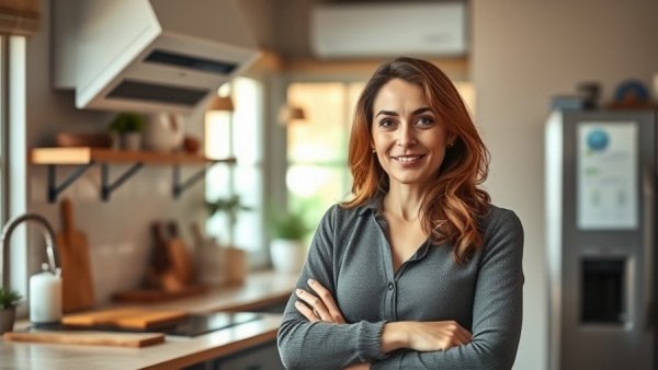 Engaged woman discussing the importance of ventilation in homes, kitchen setting.