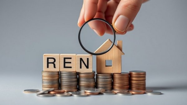 Wooden blocks spelling RENT on coins with house model, monthly rental trends in the UK.
