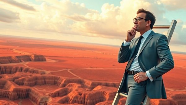 Chief of Staff in Business climbing a ladder in a red landscape.