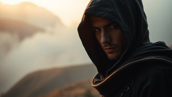 Pendragon Cycle scene with hooded figure in dramatic landscape.