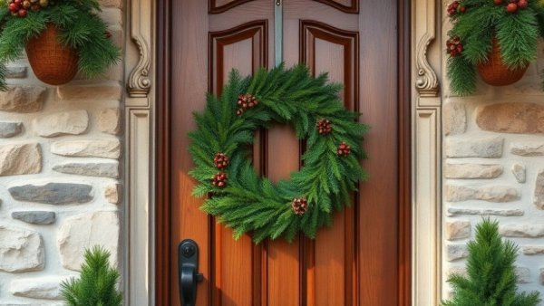 Invisible trick to hang a wreath on a wooden door in a festive setting.