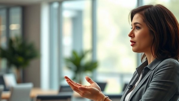 Young woman explaining financial topics in an office setting.