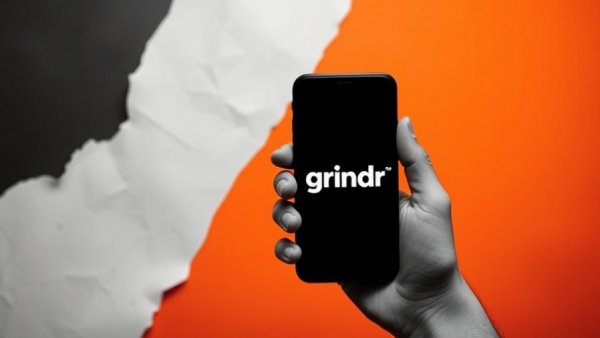 Grindr app on phone, orange-black background.