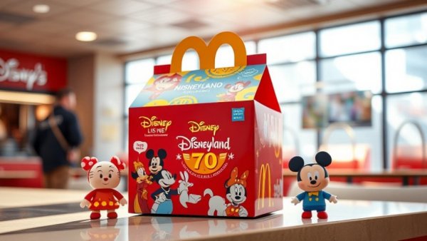 McDonald's Disney Happy Meal box with toys on table, Disneyland 70th.