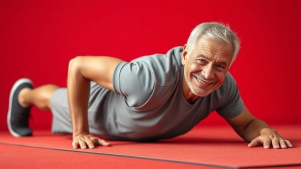 Older man doing plank exercise on red mat, functional exercises for active aging.