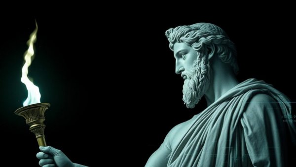 Stylized glitch art of Prometheus holding a torch, futuristic design for AI company Project Prometheus.