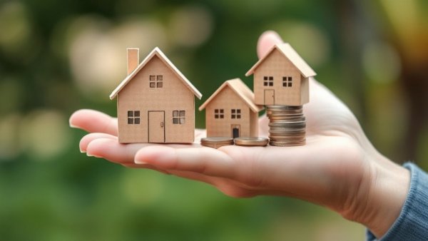Cardboard houses on coins representing first-time buyer loans.