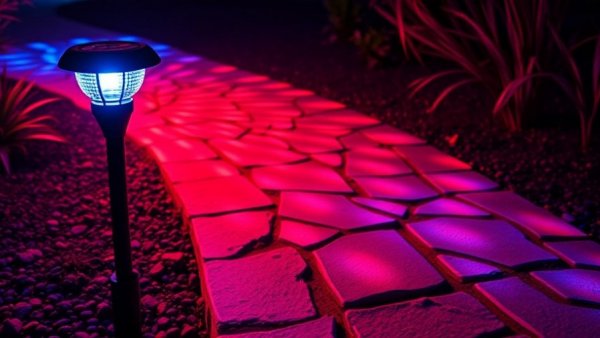 Linkind Solar Pathway Lights illuminating stones with red and blue hues.