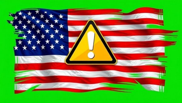 Abstract American flag with caution signs and green backdrop.