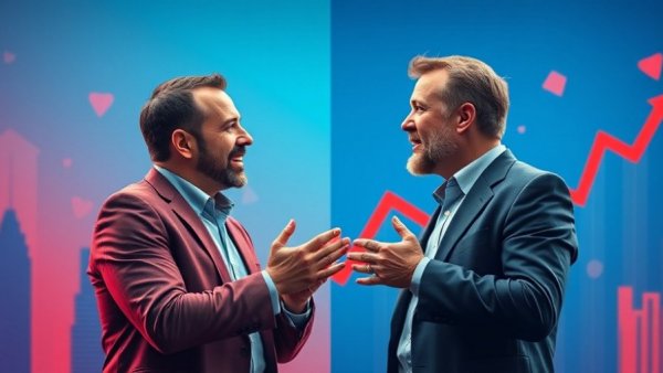 Economic discussion with contrasting backgrounds in digital art.