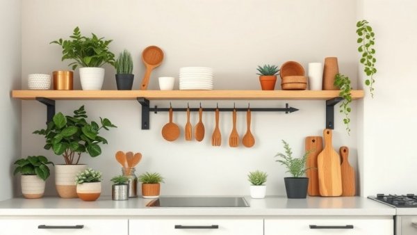 Organized kitchen solutions with minimal decor and wooden accents.