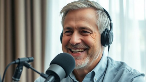 Middle-aged man smiling and talking into a microphone indoors.