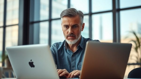 Mature man working intently on laptop in modern office setting.