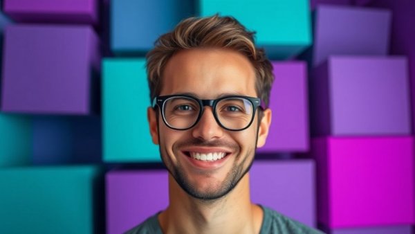 Creative portrait of smiling man with geometric cubes, live shopping experience.