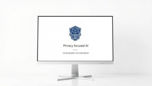 Private no-subscription AI tool displayed on monitor promoting privacy-first features.
