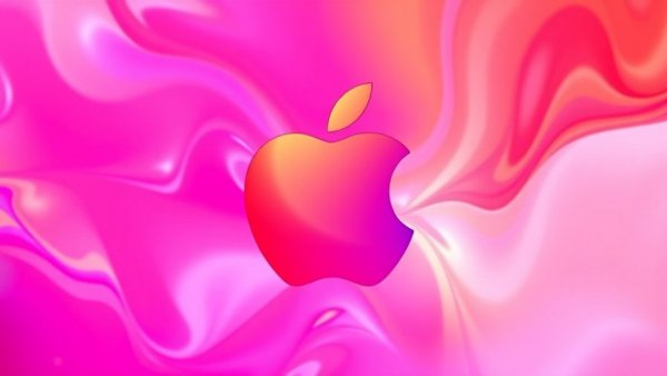 Vibrant Apple logo on abstract pink and orange background, sleek design.