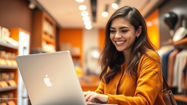 Woman using a laptop in a store, showcasing AI in Small Business Growth.