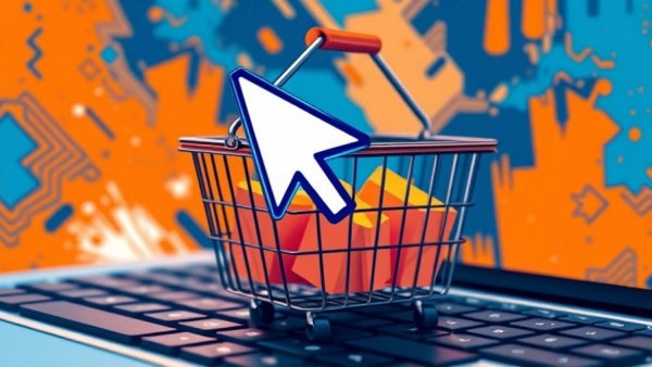 Digital art of shopping basket over keyboard symbolizing Black Friday live-shopping apps.