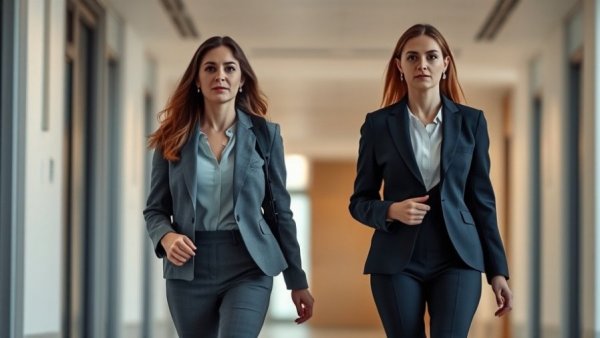Two women walking indoors with serious expressions, business attire.