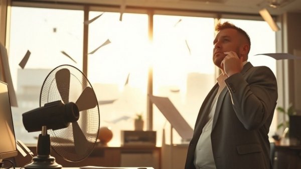 Business owner coping with extreme heat in office environment.