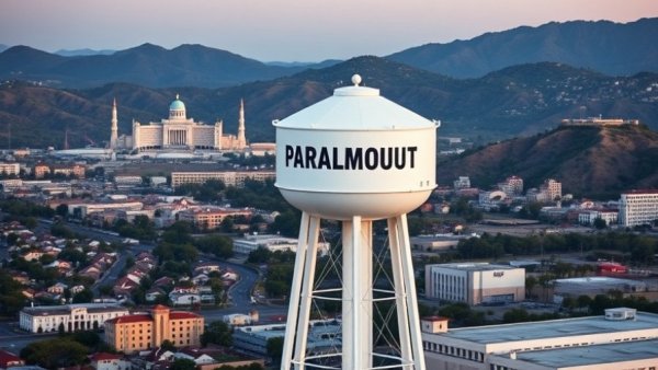 Paramount Pictures water tower at sunset during a potential hostile bid.