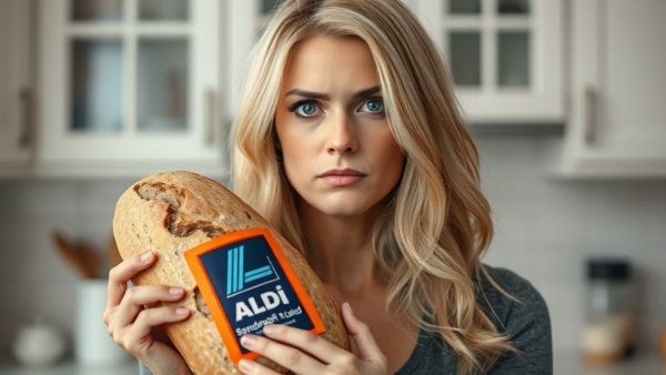 Blonde woman in kitchen, skeptical about Aldi sourdough loaf purchase.