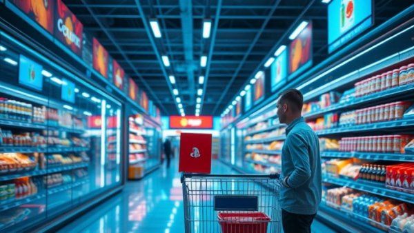 AI in Holiday Shopping, futuristic store with digital elements.