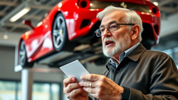 Elderly man discussing in front of a Ferrari at a car exhibit, vibrant colors.