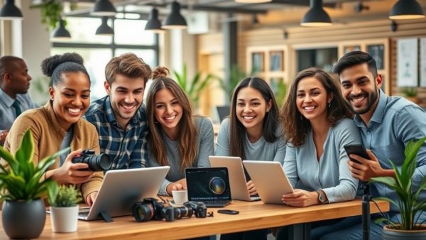 Young professionals collaborating in a vibrant modern workspace.