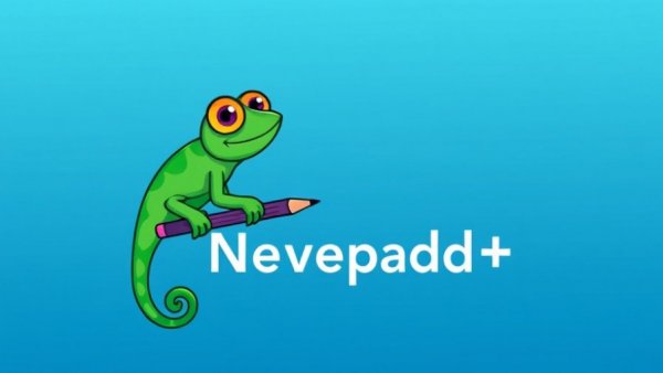 Notepad++ logo with chameleon and pencil on blue background.