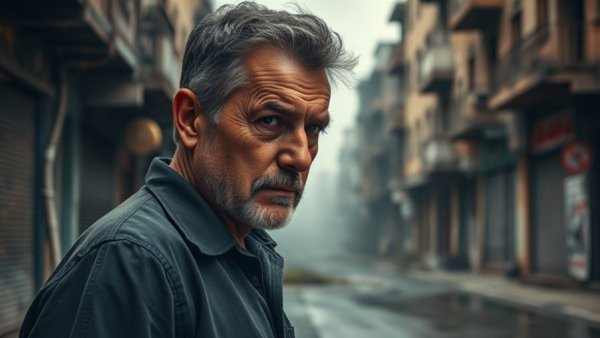 Reflective man questioning future economies, deserted urban scene.