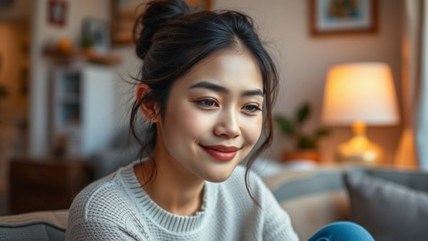 Good news for first-time buyers: relaxed woman in cozy home setting.