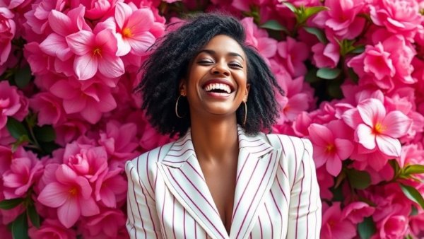 Woman in white suit with pink flowers, smiling broadly.