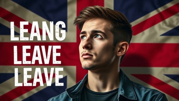 Young Brits Leaving the UK theme with thoughtful young man and Union Jack.