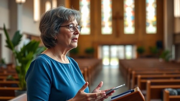 Woman speaking at an English-speaking Evangelical church in Spain.