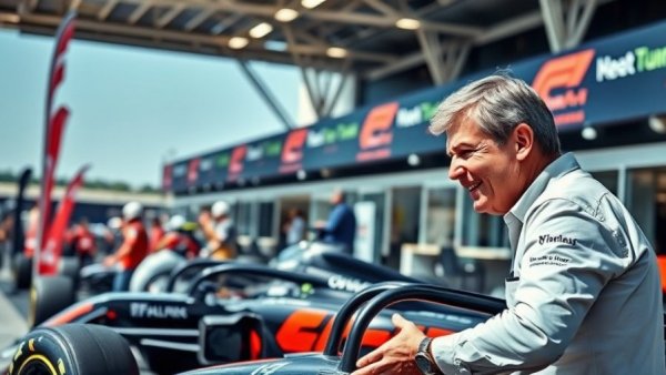 Enthusiastic man explaining cost of a Formula 1 car at a racing event.