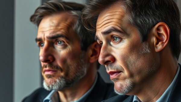 Two men discussing with a thoughtful expression against a striped background.