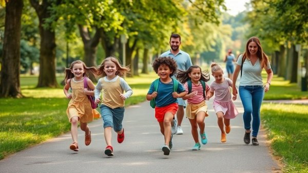 Happy children and parents in a park, related to school catchment areas in Scotland.