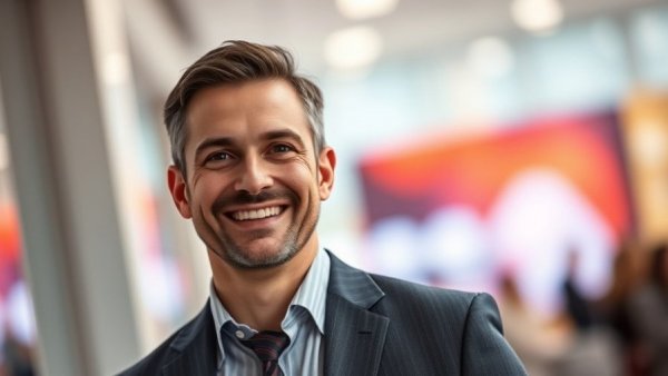 Professional executive posing, vibrant background, confident expression.