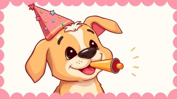 Is partying dead? Dog with hat and noisemaker in cartoon style.