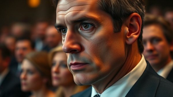 Close-up of a man in formal attire at an event, serious expression.