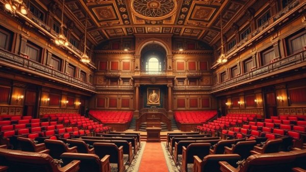 Luxurious empty chamber with red leather seats, highlighting delays