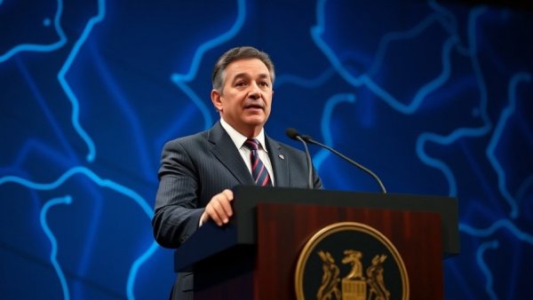 Confident speaker at podium discussing 6G technology advancements.