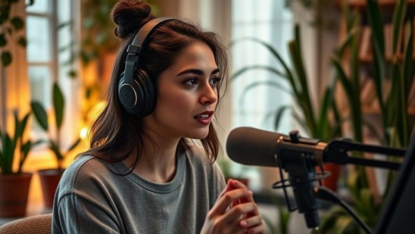 Young woman discussing home selling questions on a podcast.