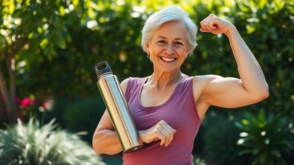 Older woman flexing arm and smiling with yoga mat outdoors.
