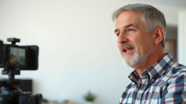 Middle-aged man in checkered shirt offering help for first-time buyers in a video.