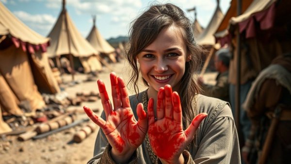 Things Don't Always Go To Plan on Set: Woman with red-stained hands smiles.