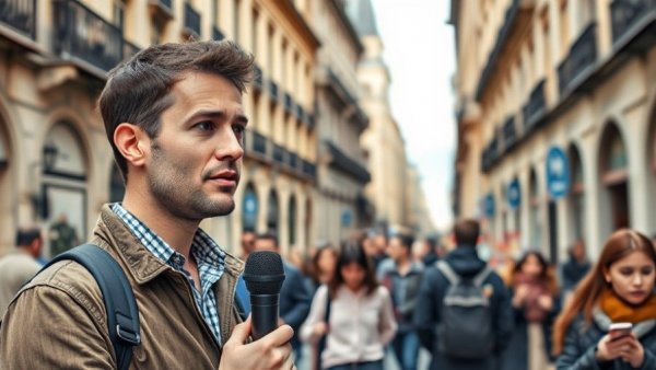 Young man speaking in street interview about Buy Now Pay Later UK, busy city in background.