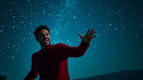 Person explaining meteor shower tips under a starry sky.